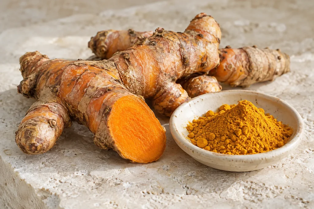 Rizoma di curcuma tagliato e polvere gialla.