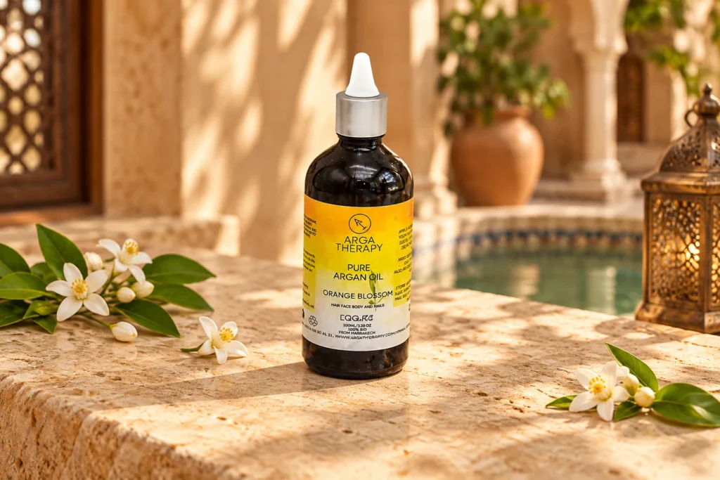 Huile d’argan à l’extrait de fleur d’oranger — mise en scène dans un riad marocain
