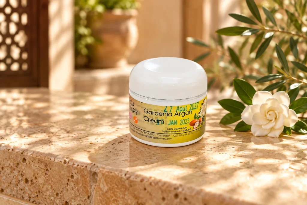 Cr&egrave;me &agrave; l&rsquo;argan et au gard&eacute;nia &mdash; mise en sc&egrave;ne dans un riad marocain