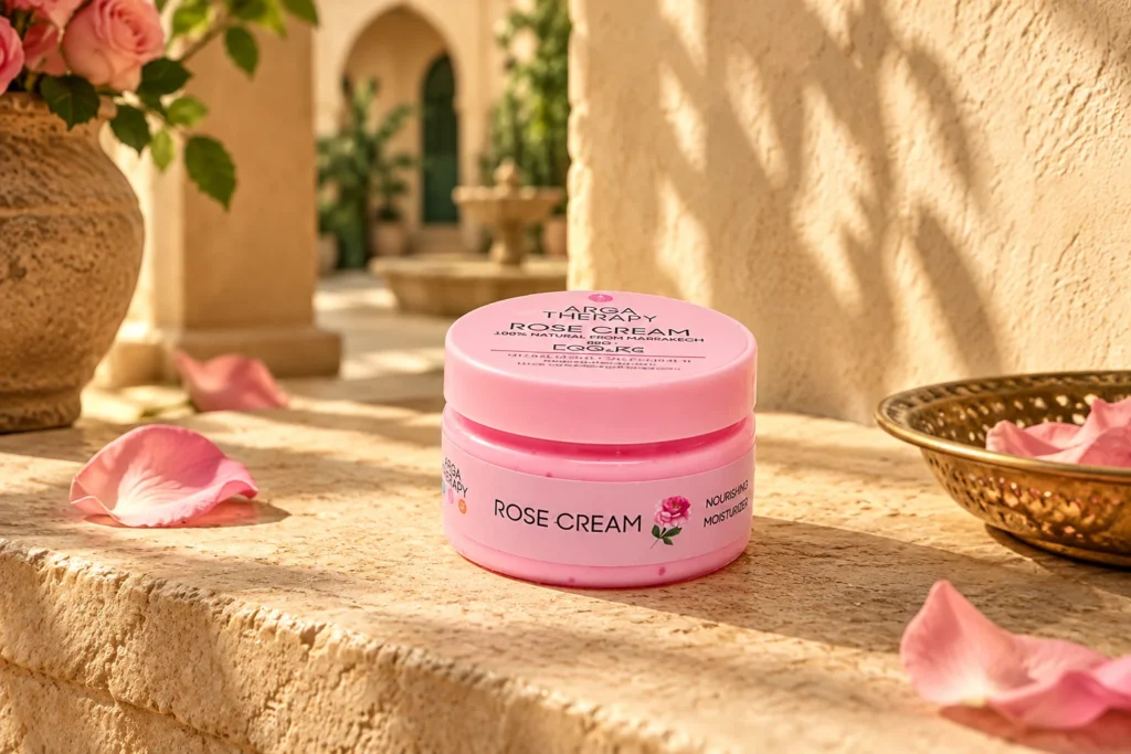 Cr&egrave;me &agrave; la rose &mdash; mise en sc&egrave;ne dans un riad marocain